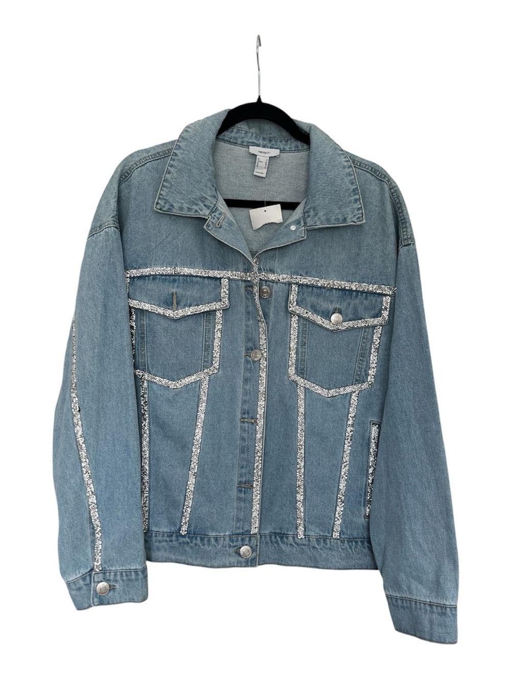 NWT Forever 21 Rhinestone Trim Oversized Denim Jacket Y2K Streetwear Sz 1X
